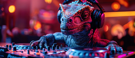 A dinosaur DJ, wearing headphones, mixes tracks under vibrant neon lights at a clubの素材