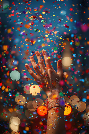Hand reaching up in a flurry of colorful confetti, lively celebrationの素材