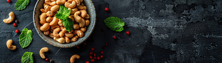 Bowl of cashews garnished with mint leaves, on dark rustic backgroundの素材