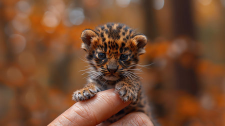 Tiny baby leopard sitting on a fingertip, adorable and delicate, with a warm, golden backgroundの素材