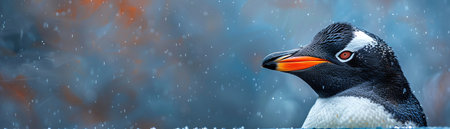 Rockhopper penguin with striking orange crest on a moody blue backdropの素材