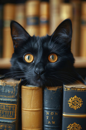 Black cat peeking over a stack of books with a vibrant yellow background, eyes wide openの素材