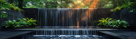 A modern water feature with cascading sheets of water flowing down concrete stepsの素材
