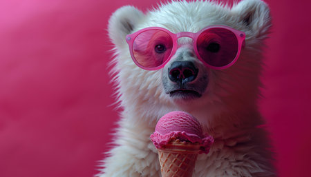 Polar bear wearing pink sunglasses, holding a matching pink ice cream cone, with a pink backgroundの素材