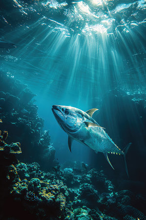 Tuna swimming in clear blue ocean waters, sunlight piercing through from aboveの素材