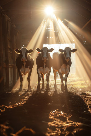 Three cows in a barn with sunlight streaming through rustic and warm atmosphereの素材