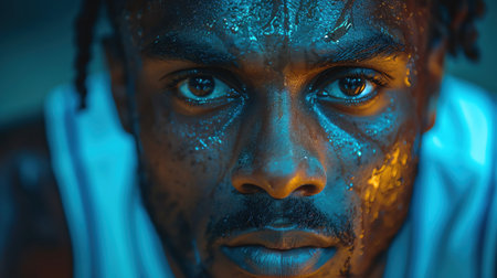 Closeup of focused basketball player, intense expression, action shot, dramatic arena lightingの素材