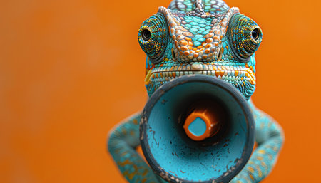 Closeup of a chameleon holding a small megaphone, sharp focus on the reptile, bright orange backgroundの素材