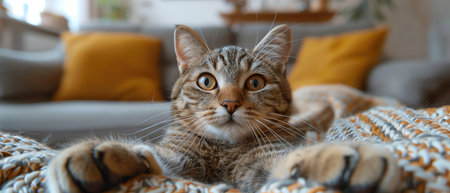 Cat taking a selfie in a cozy living room, playful and curious expressionの素材
