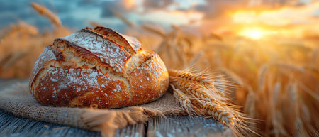 Freshly baked bread on a table, wheat field and sunset in the background, rustic and warmの素材