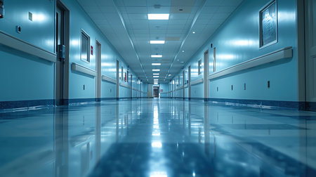 Empty hospital hallway with bright lights, clean, sterile environment, lowangle perspectiveの素材