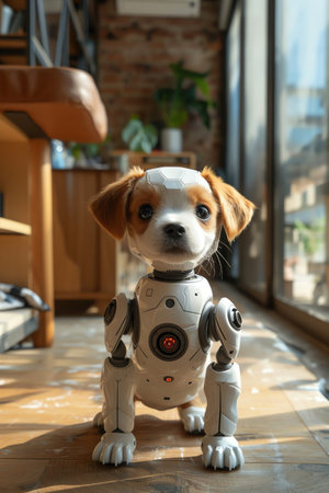Robotic puppy standing in a bright living room, ready to play, with sunlight streaming inの素材