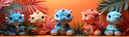 Playful dinosaur plush toys surrounded by tropical leaves on an orange background, vibrant and colorfulの素材