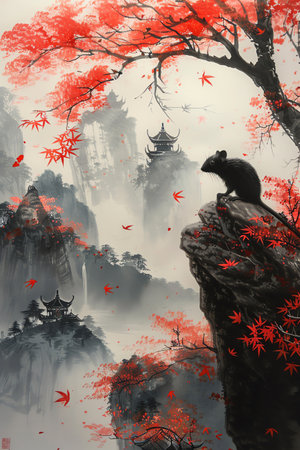 Ink painting of a rat on a cliff, red leaves, misty mountains and pagodas in the background, serene and detailedの素材