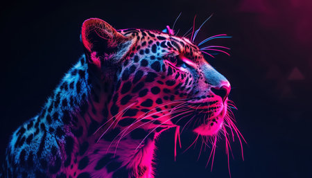 Profile of a leopard bathed in neon pink and blue lights, dramatic and modern, dark studio backgroundの素材