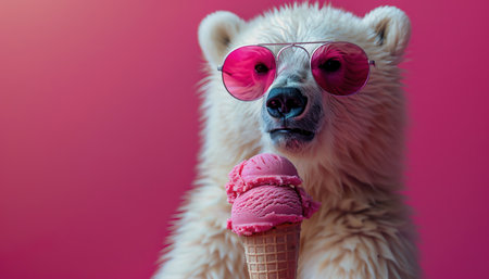 Polar bear wearing pink sunglasses, holding a matching pink ice cream cone, with a pink backgroundの素材