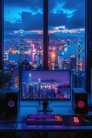 Programmers desk setup with coding screen, vibrant cityscape at night, neon lightingの素材