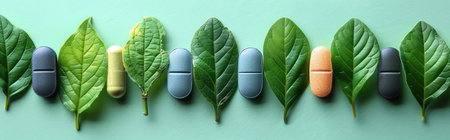 Various pills and leaves on a pastel green background, flat lay, bright lightingの素材