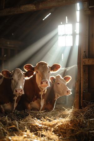 Three cows in a barn with sunlight streaming through rustic and warm atmosphereの素材