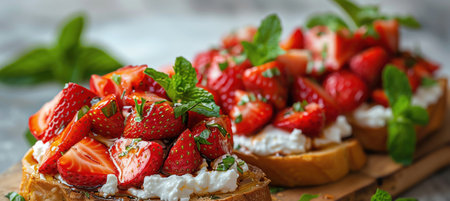 Strawberry and ricotta bruschetta, fresh mint garnish, rustic white wooden background, topdown viewの素材