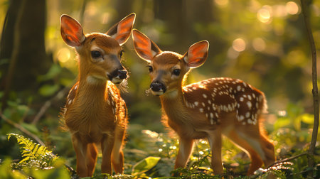 Two fawns standing close in a lush green forest, bathed in gentle morning lightの素材