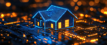 A blue holographic house on a futuristic circuit board, representing a digital home conceptの素材