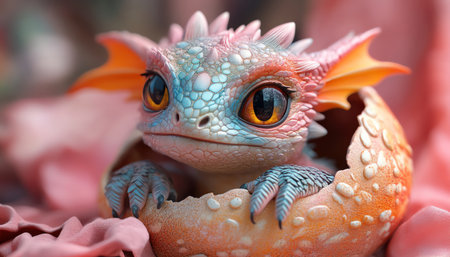 A cute baby dragon hatching from an egg, with vibrant colors and large eyes, set against a bright pink backgroundの素材