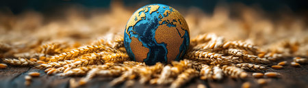 A miniature globe resting on a wooden surface surrounded by wheat grains, symbolizing global agricultureの素材