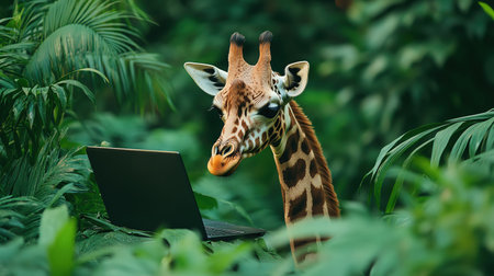 A giraffe in a jungle setting, curiously looking at a laptop amidst lush green foliageの素材