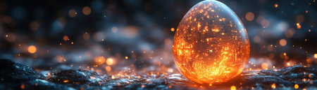 A glowing, hightech egg with circuit patterns, floating over a digital grid, surrounded by warm, sparkling lightsの素材