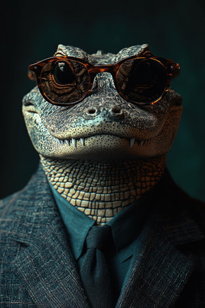 Alligator in a suit with sunglasses, dark teal background, stylish and coolの素材