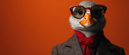 Goose wearing sunglasses and a suit, bright orange background, confident and classyの素材