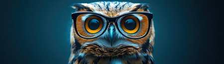 Owl wearing glasses and a blue suit, standing against a teal background, wise and stylishの素材