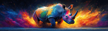Rhino with rainbowcolored paint on its back, charging forward with vibrant splashes behind, dynamic and intenseの素材
