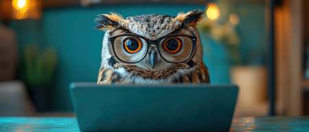 Owl wearing glasses, sitting in front of a laptop on a turquoise background, intelligent and quirkyの素材