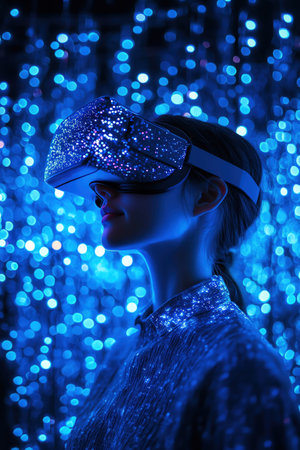 A person wearing a VR headset, surrounded by glowing blue digital lights in a virtual worldの素材