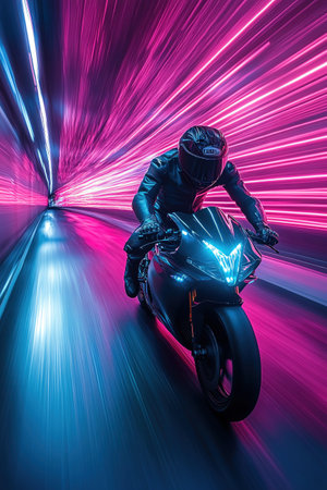 A motorbike racing through a neonlit tunnel, leaving streaks of pink and blue lightの素材