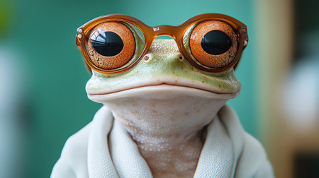 Frog with glasses and a white suit, standing against a bright green background, sophisticated and wittyの素材