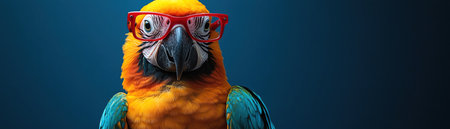 Parrot with red glasses in a blue blazer, vibrant blue background, colorful and stylishの素材