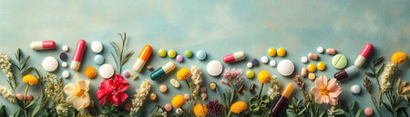 An assortment of colorful vitamins and supplements arranged artistically on a light green surface, with herbal elementsの素材