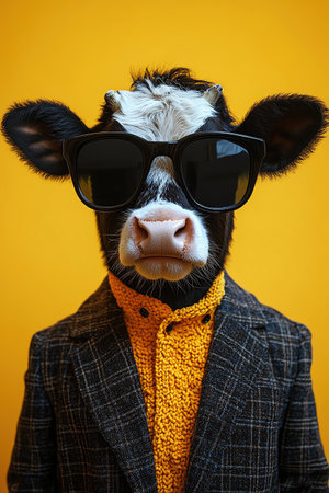 Cow in a suit and sunglasses, standing against a bright yellow background, humorous and surrealの素材