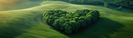 Heartshaped grove amidst green fields, aerial perspective, tranquil natureの素材