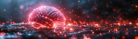 Glowing brain surrounded by neon lights, representing advanced technologyの素材