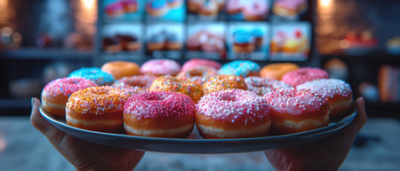 Person holding a plate of colorful donuts, watching a TV screen with multiple shows playingの素材