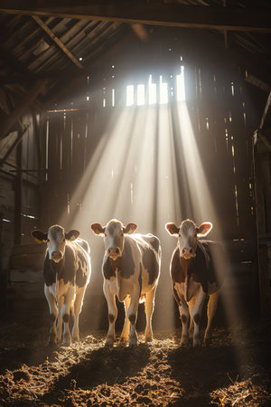 Three cows in a barn with sunlight streaming through rustic and warm atmosphereの素材
