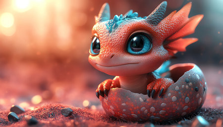 A cute baby dragon hatching from an egg, with vibrant colors and large eyes, set against a bright pink backgroundの素材