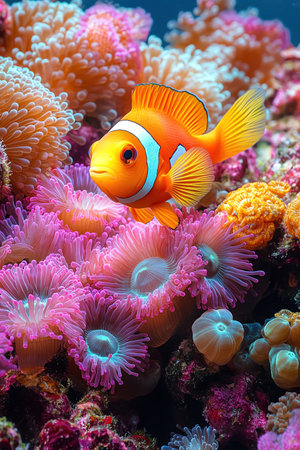 A bright orange clownfish nestled among colorful sea anemones in the coral reefの素材