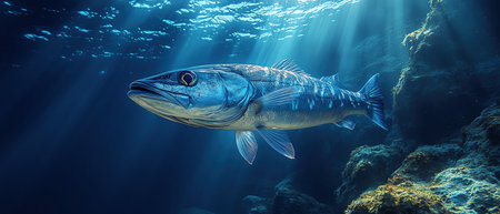 A sleek, fastmoving barracuda swims through the deep blue ocean, with sunlight streaming downの素材