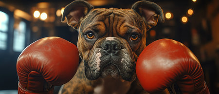 Bulldog in boxing gloves at the gym, facing a punching bag with determinationの素材