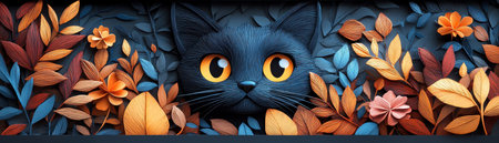 Black cat with wide eyes, nestled in papercut foliage, vibrant colors, Halloween themeの素材